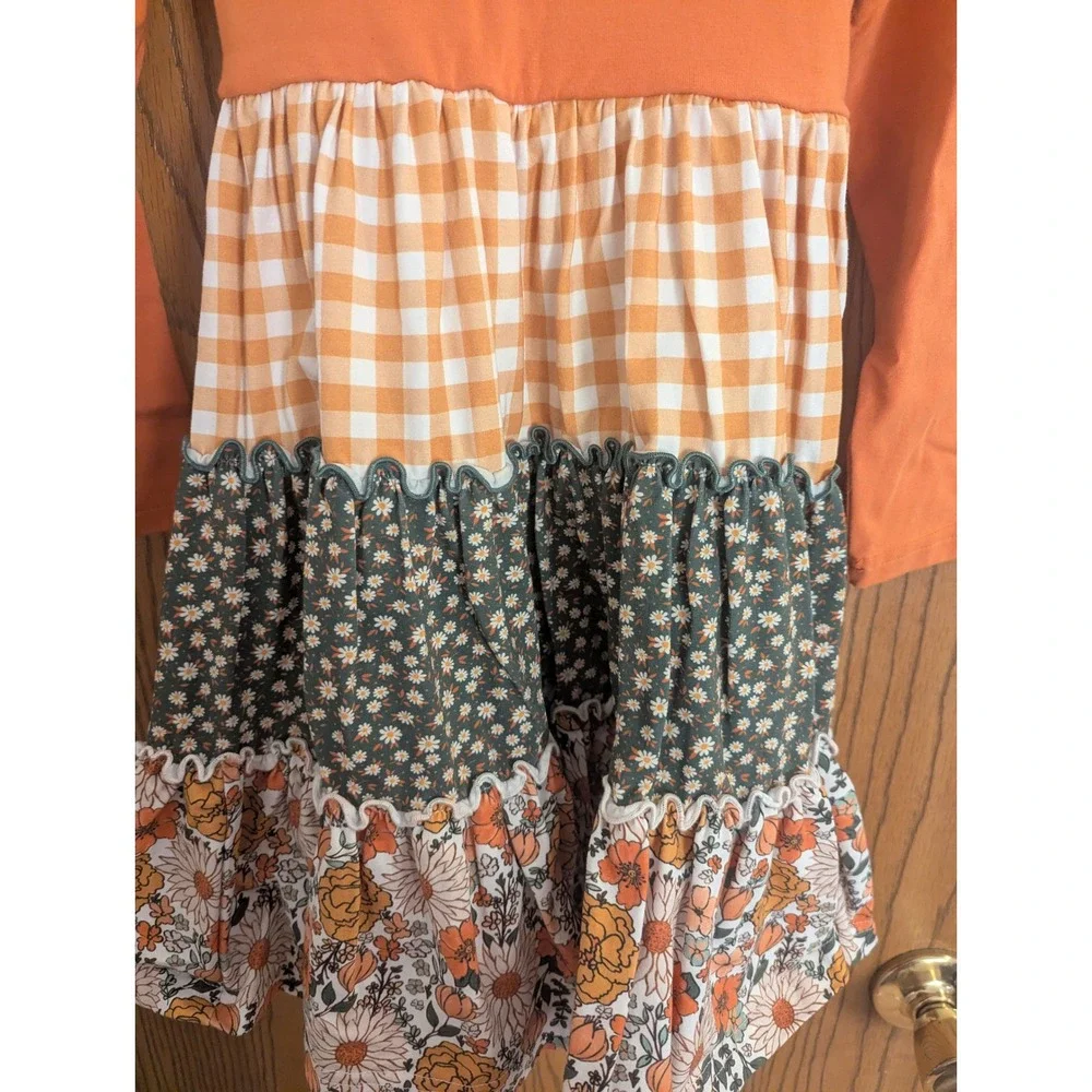 Cheeky Plum Orange Floral Gingham Tiered 3/4 Sleeve Henley Dress Fall-Girls 5T